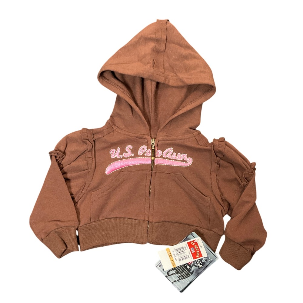 U.S. Polo Assn. Hoodie Toddler Girls 12M Brown Cotton Ruffle Zip Up Glitter Logo